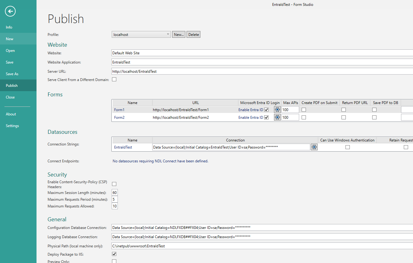 Picture showing initial empty Publish profile settings in Form Studio.